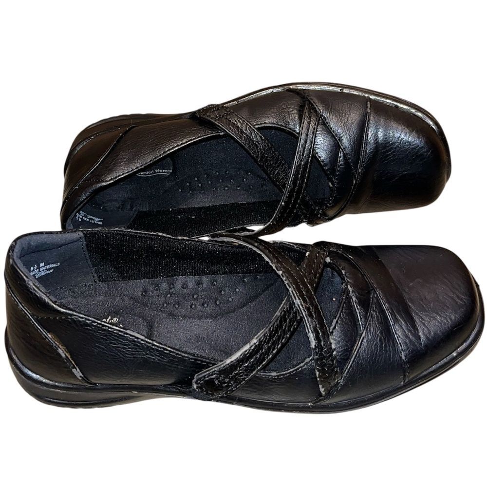 Easy Street Women’s Black Leather Casual Comfort Flat Shoes Sz-6.5